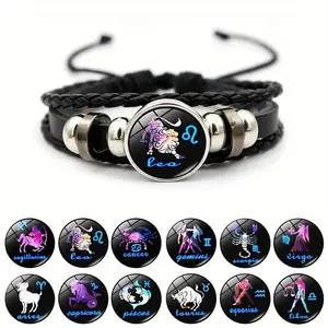 Luminous PU Leather Bracelet, Woven Zodiac Design, Couple Bracelet, Fashion Jewelry