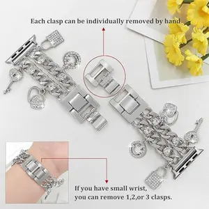 Cuban Chain silvery Band Compatible with Apple Watch Bands 38/40/41/42/44/45 46 49mm Women, Watch Straps, Bling Diamond Chain Dressy Metal Wristband Cute Charms Pendants for iWatch Series 10 9 8 7 6 5 4 3 SE Ultra