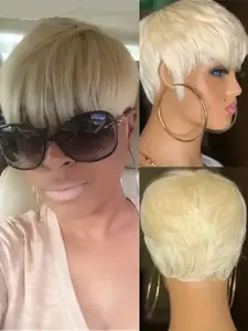613 Blonde Color Straight Human Hair Wig for Women Pixie Cut Wig Halloween Wig Full Machine Made Wig 150% Density 6 Inch