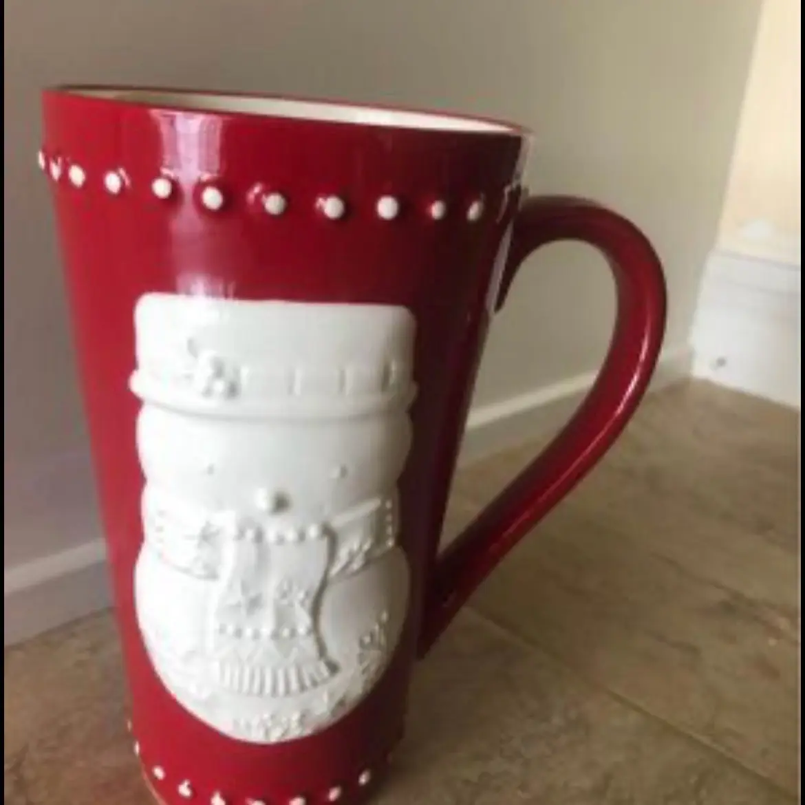 Hallmark Tall Red 16 oz. Mug Embossed Red White Christmas Snowman Holiday Winter