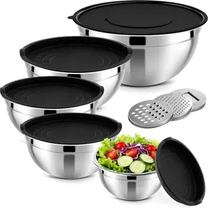 5-Piece Stainless Steel Airtight Nesting Mixing Bowls with 3 Grinding Attachments, Durable Multifunctional Kitchen Supplies for Food Organization