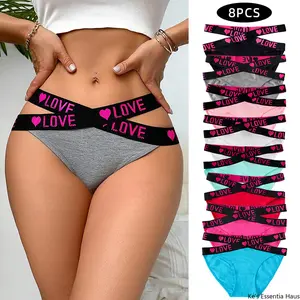 8-PCS Women's Sporty Underwear with English Letter Cross Strap, Mid Waist, Personalized Design & Pure Cotton Crotch