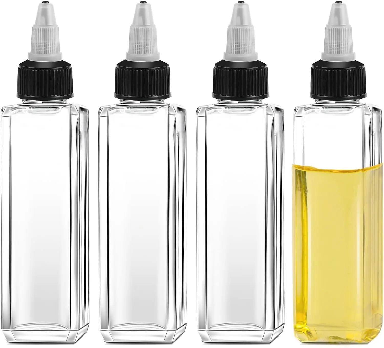 4 count Oil Squeeze Bottles 3.4 OZ Empty Bottles with Twist Top Cap Plastic Liquid Condiment Container Leak-Proof Dispensing Bottles for Oil Soy Sauce Vinegar Syrup Ketchup