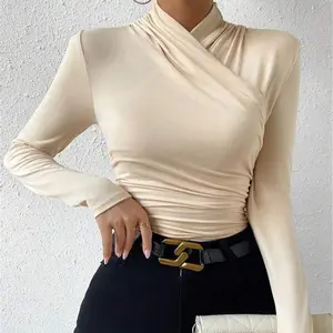 Pullover autumn and winter new design cross-collar long-sleeve slim-fit versatile solid color ruched T-shirt