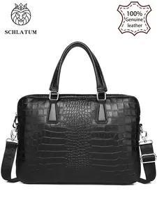 Men's Business Crocodile Embossed Briefcase, Fashionable Solid Color Zipper Laptop Bag for Work & Daily Used, Casual Trendy Versatile High-quality Daily Commuting Bag
