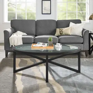 Modern Round Glass Coffee Table for Living Room, Tempered Glass Top with Solid Wood Base, Transparent Clear Coffee Table for Home, Study, Terrace, Indoor Furniture, Easy Assembly, 1 Pack, Living Room Table for Sofa Side, Bedroom, Office