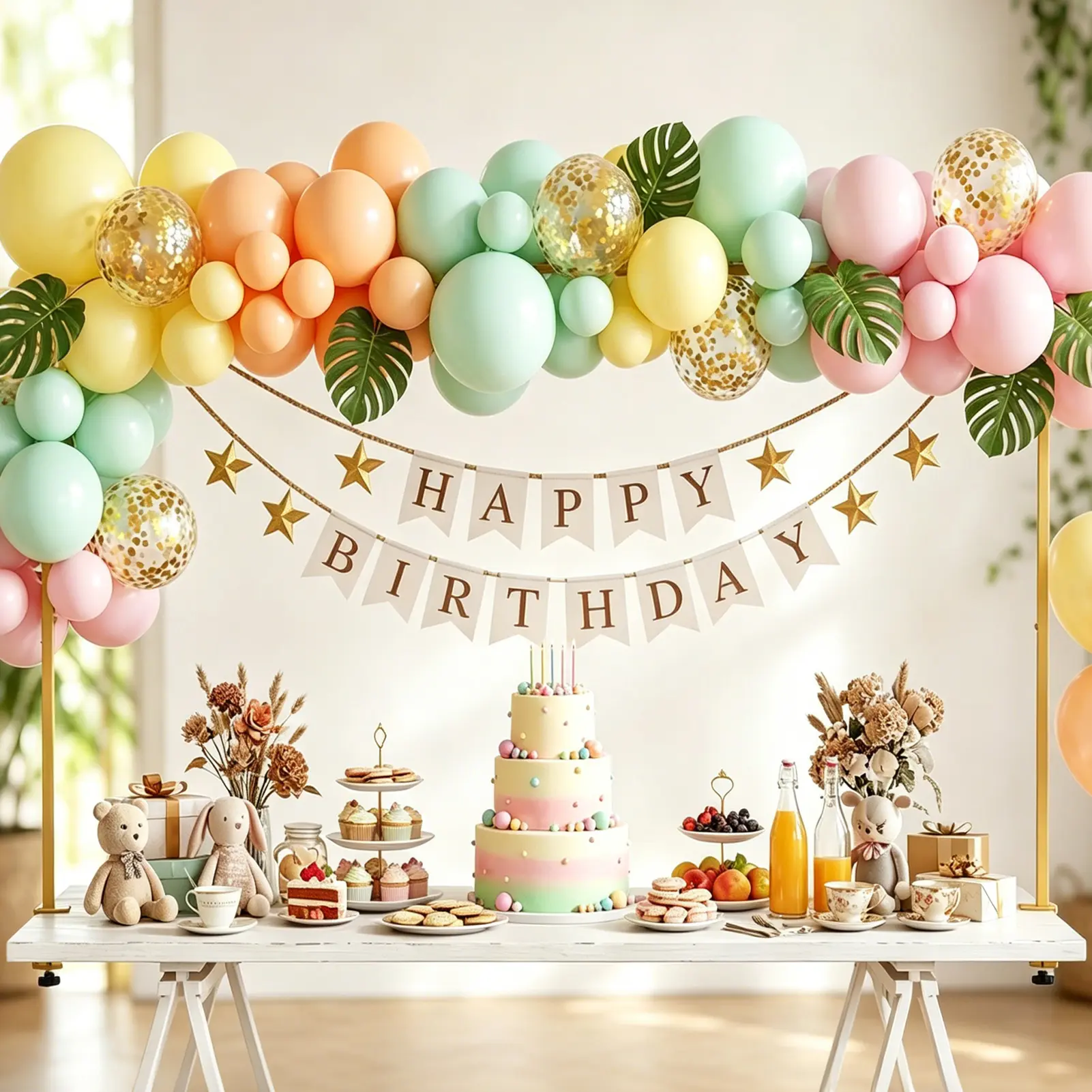 Elegant Stretchable Gold Adjustable Table Rod Banner Stand with Clamps, 32-61 in Height, 80-105 in Length, Ornaments for Wedding, Graduation, Holiday Celebrations