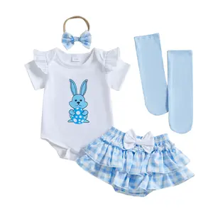 Canrulo My First Easter Baby Girl Outfits Newborn Short Sleeve Romper + Plaids Tutu Skirt + Leg Warmer + Headband Outfit Set