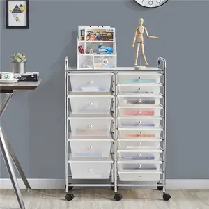 Costoffs 15-Drawer Rolling Storage Cart - Lightweight, Minimalist Multi-Purpose Mobile Organizer with 2 Sizes of Smooth-Slide Drawers, Racks for Home & Studio