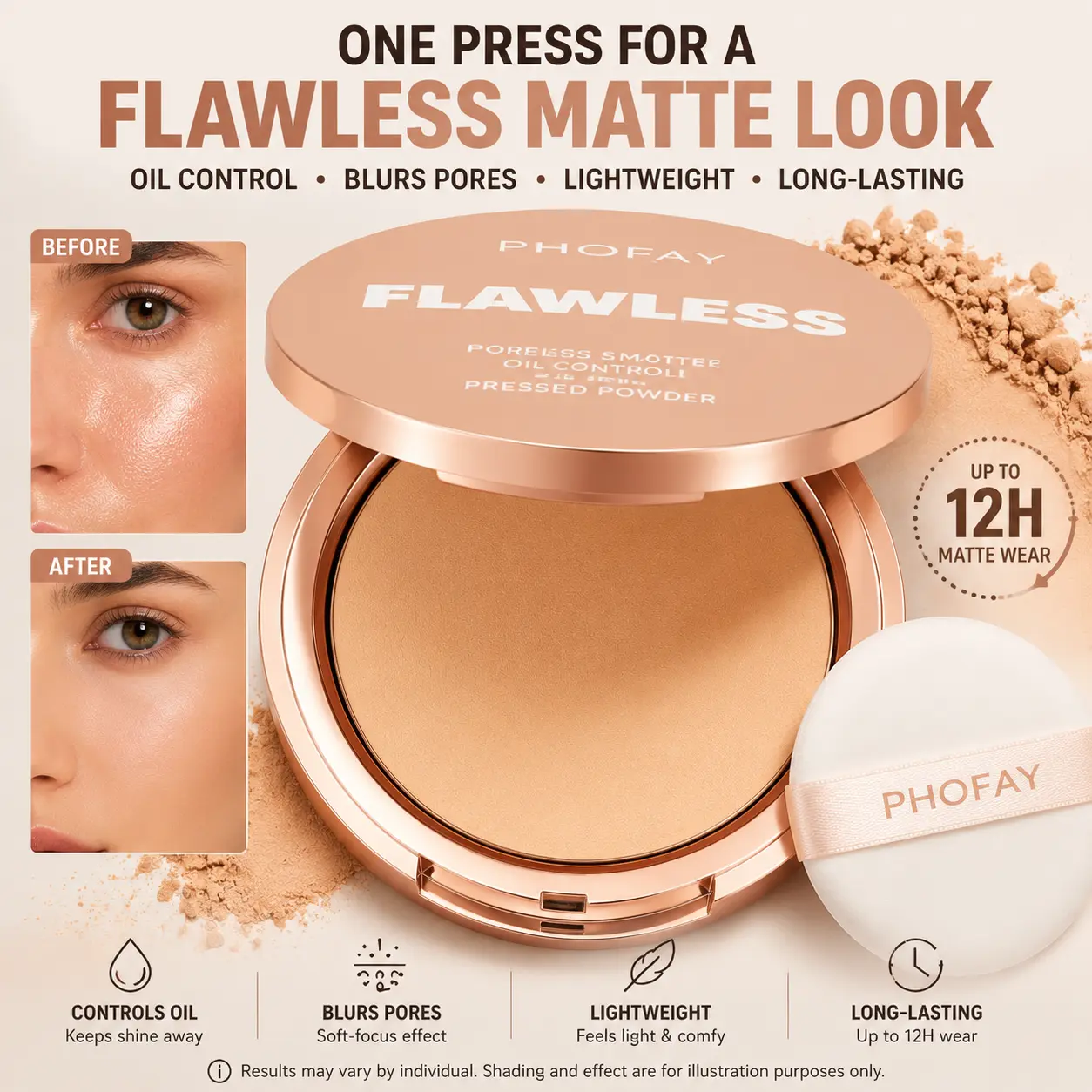 PHOFAY  Waterproof Pressed Powder  Sweat-Proof Oil Control Formula | Keeps Makeup Fresh All Day