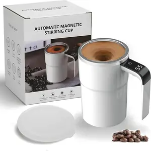 Stainless Steel Self Stirring Automatic Coffee Mug with Lid and LED Temperature Display-White ADKBO
