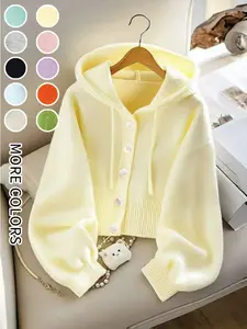 Women's Solid Button Front Hooded Cardigan, Casual Long Sleeve Knitwear for Fall & Winter, Women's Knit Clothing for Daily Wear, Womenswear Tops
