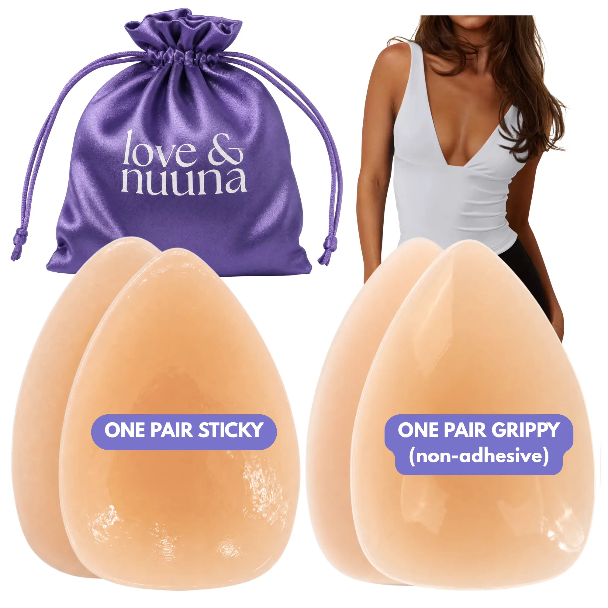 love & nuuna Women's Triangle Nipple Cover Bra Accessories - 2 Pairs Satin Sheer Reusable Set, Sticky Grippy, Waterproof Pasties (Adhesive Option Included)