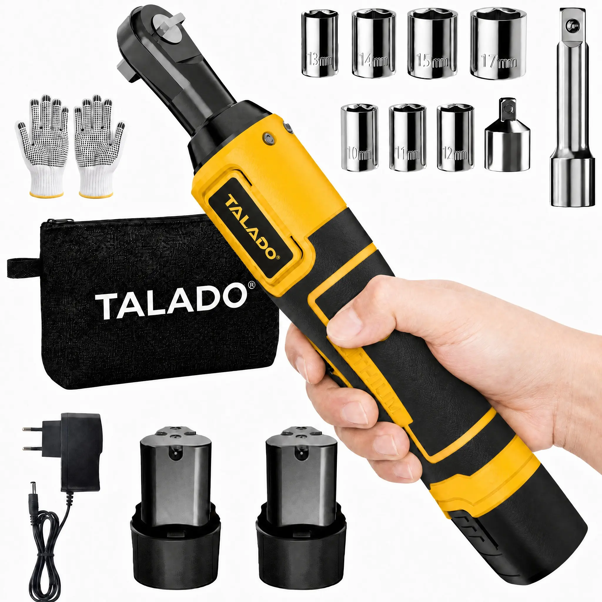 TALADO 3/8" Cordless Ratchet Wrench Set, 30FT-LBS(40N.m) Electric Ratchet, 12V Extended Power Ratchet Wrench with Variable Speed, 7 Sockets, LED Light, 1 Adapter, Extension Bar, 2 Batteries, Best Gift Ideas for Men & DIYers