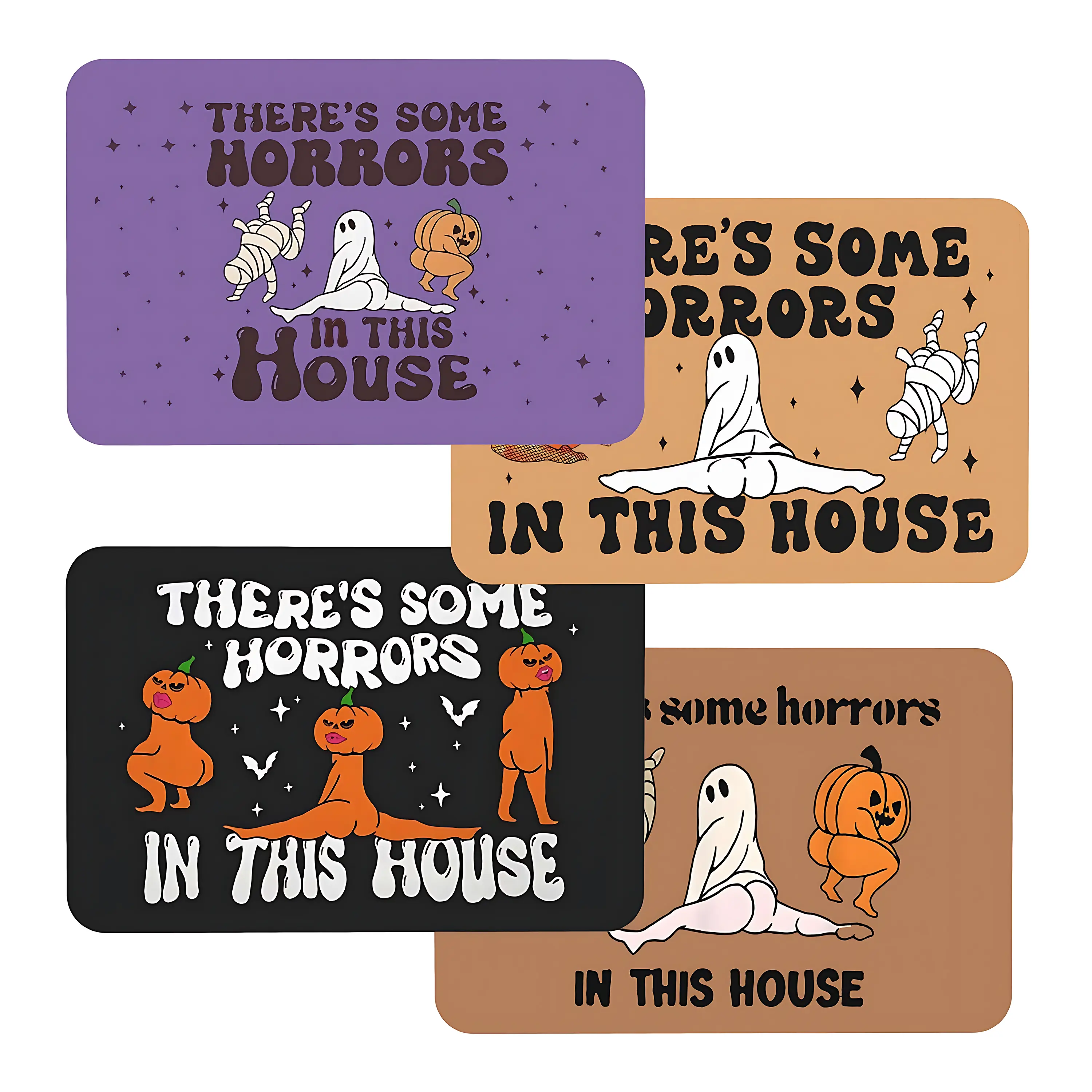 Funny Halloween There's Some Horrors in This House Doormat, Spooky Ghost Mummy Pumpkin Graphic Non Slip Rubber Entryway Welcome Mat, Retro Groovy Humor Indoor Outdoor Front Door Decor Rug for  Office Hallway, Living Room, Bathroom, Laundry Room Home Decor