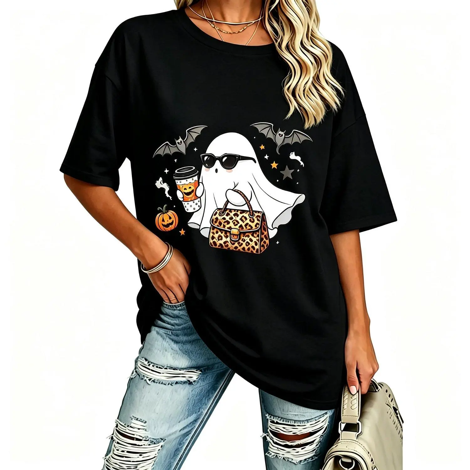 Trendy Halloween Ghost Sunglasses Coffee Leopard Pumpkin Graphic Tee Casual Short Sleeve Fall Halloween Outfit T Shirt
