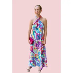 Summer Statement Colorful Abstract Floral Halter Maxi Dress