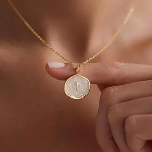 Stainless Steel Cross Necklace for Women Dainty Gold Plated Round Pendant Necklace with Adjustable Chain