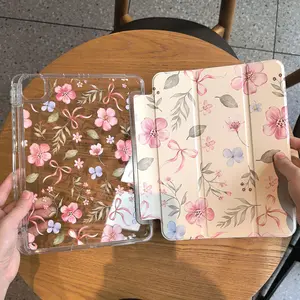 Elegant Floral Bow Design Protective iPad Case, Compatible with iPad 10/9/8/7 Gen & iPad Air 5/4, Transparent Back Cover with Pen Slot