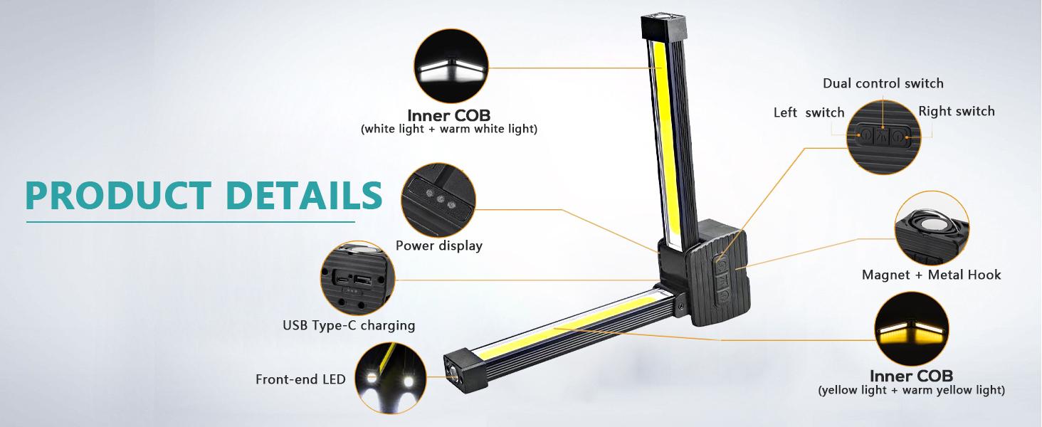 Portable Magnet LED Flashlight for GymPosing - 180-Degree Folding Magnetic Work Light with 7th Gear Dimming, 4x4x2 inch, 0.33 lb, Adjustable Visibility
