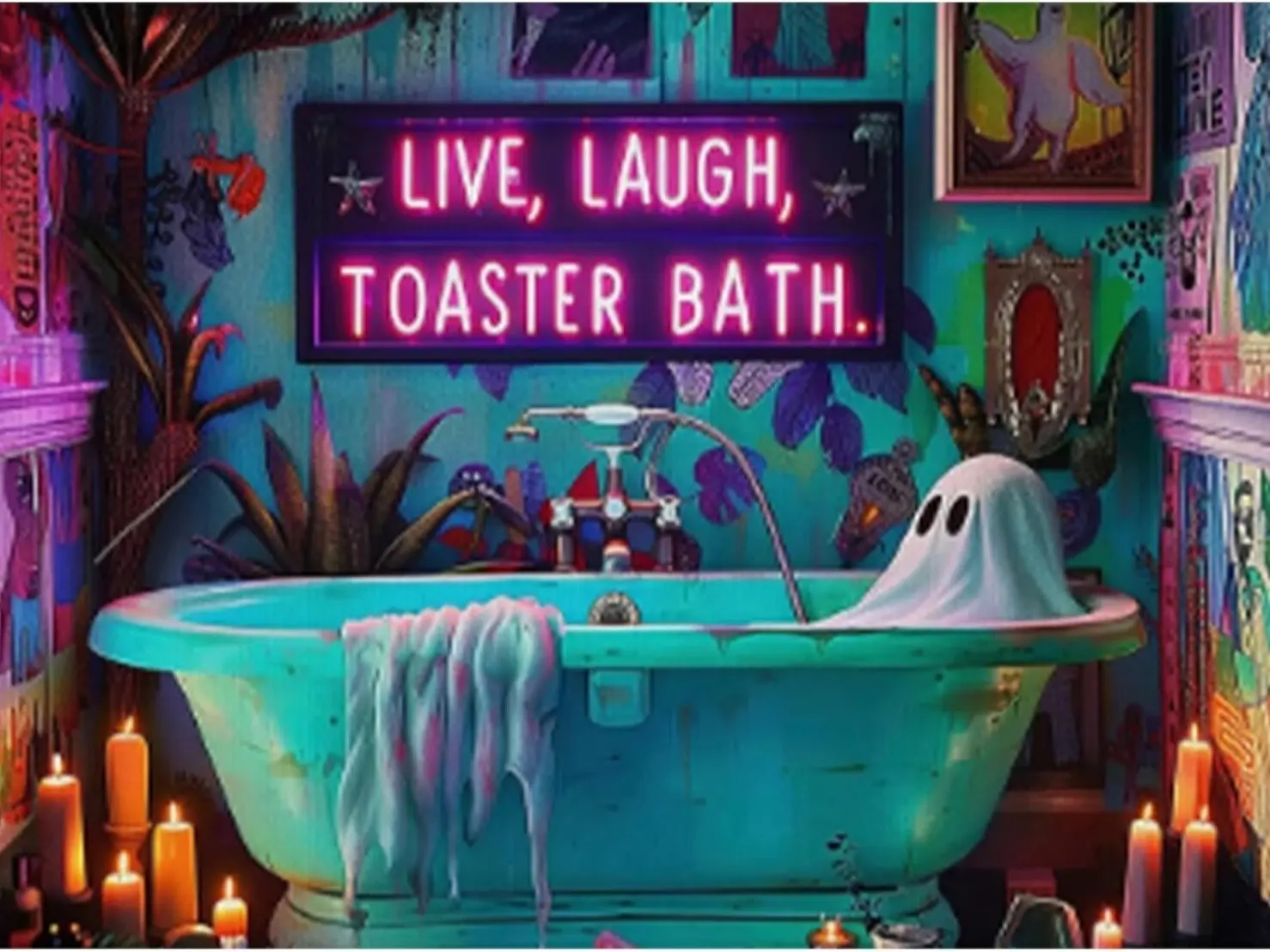 5D Full Drill Diamond Painting, Funny Ghost In Teal Clawfoot Tub "Live Laugh Toaster Bath" Neon Sign Candles Dark Maximalist Bathroom Spooky Humorous Wall Decor 1/3/6/9pcs,back to school