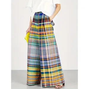 Checkerboard Print Wide Leg Pants, Cute Slant Pockets Elastic Waist Loose Pants For Spring & Summer, Women's Clothing