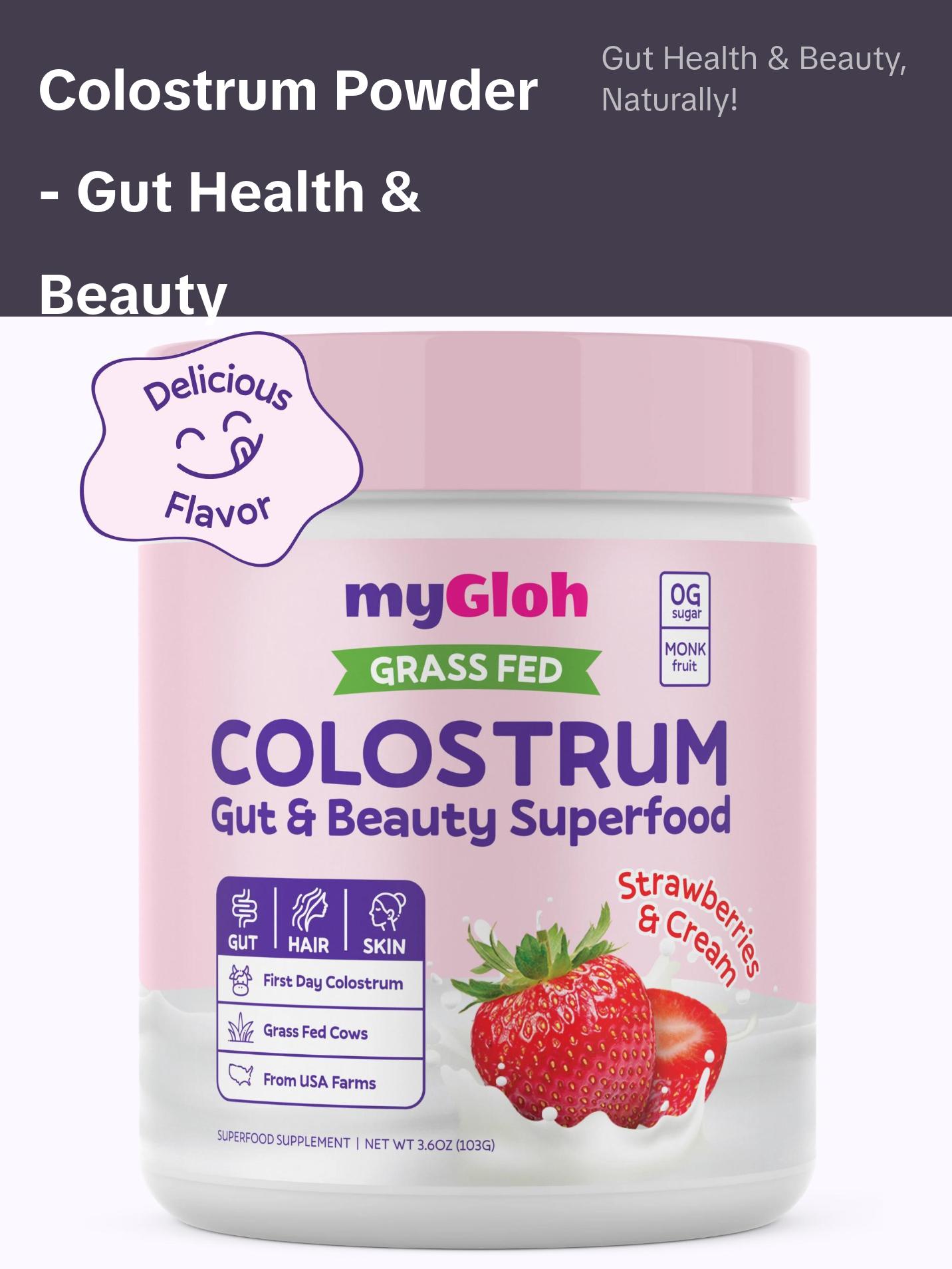 myGloh Colostrum Premium Powder | Gut Health & Bloating, Hair Growth & Skin Glow Beauty Supplement, Immune Support | Natural Flavor Strawberries & Cream | Grass-Fed Bovine Colostrum Superfood | High IgG, Gluten Free, Bioactives | Healthcare