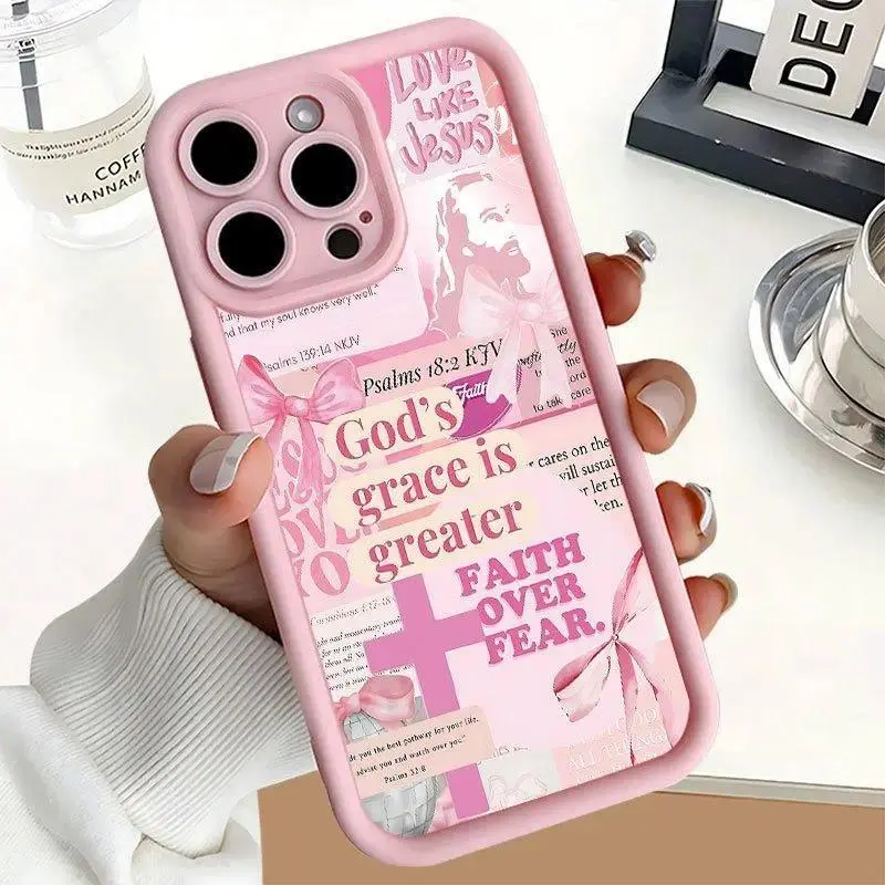 Blush Pink Jesus Cross UV-Printed Smartphone Shell, Lightweight Durable Handheld Phone Case for iPhone 11-17 Pro Max Air Plus, Device Protection, Stylish High-Quality Gift, Devices