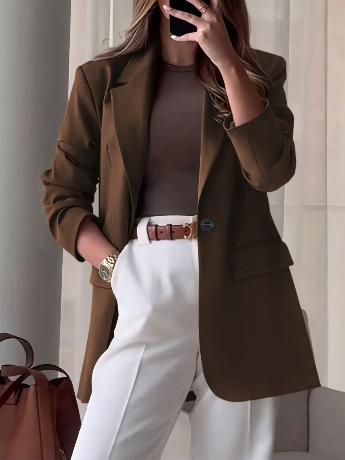 Women's Winter Solid Color Blazer Jacket, Long Sleeves, Stylish Pockets & Lapel Design, Collared, Loose Fit for Office & Daily Wear, Essential Winter Clothing, Basic, Chic, Womenswear