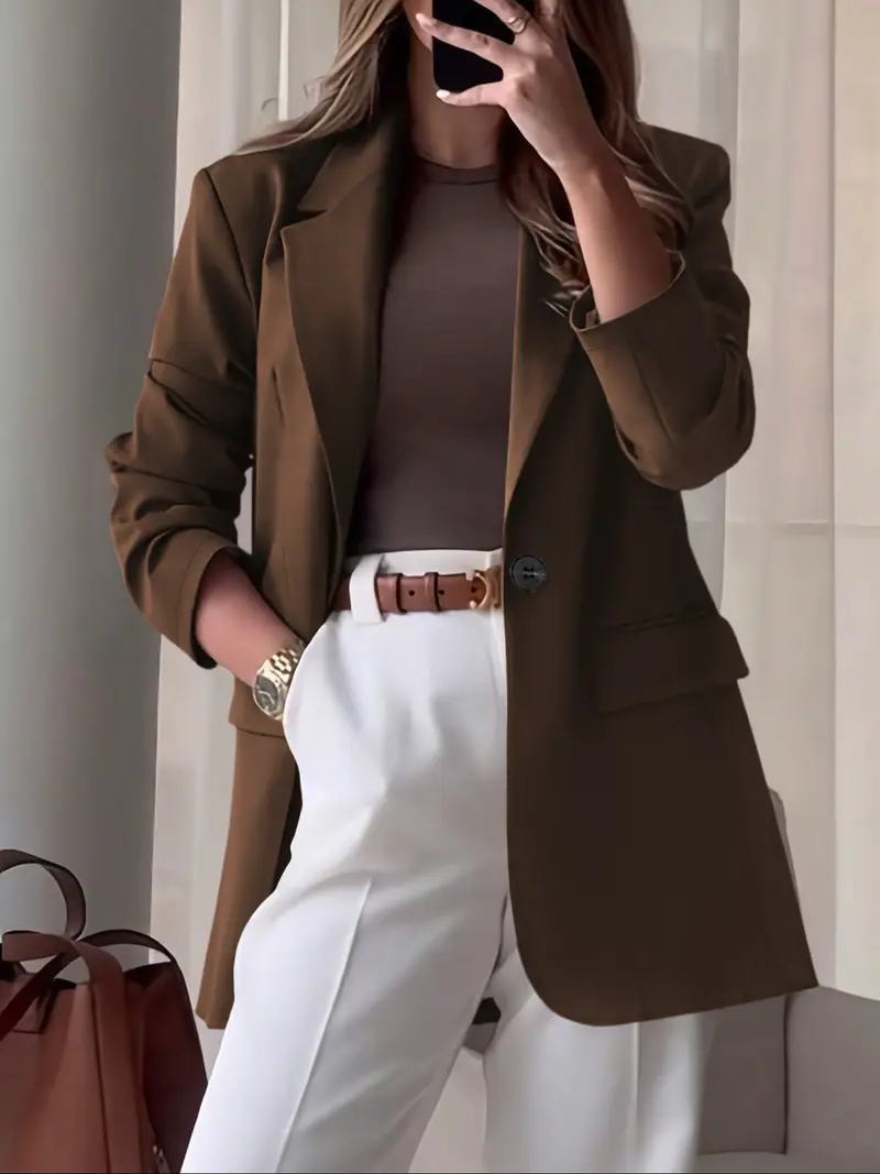 Women's Winter Solid Color Blazer Jacket, Stylish Pockets & Lapel Design, Loose Fit for Office & Daily Wear, Essential Winter Clothing