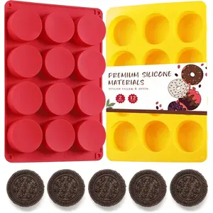 2PCS Silicone Cookie Chocolate Molds, 12-Cavity Round Silicone Baking Mold For Oreo,Candy,Chocolate,Cookie,Mini Cake And Jelly, Dishwasher Safe (Red+ Orange)