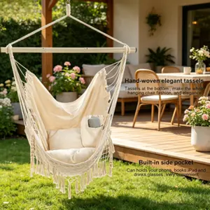 Macrame Hanging Hammock Chair, Rope Swing Seat with 2 Cushions, Side Pocket and High-Strength Load-Bearing Metal Rod, Extra Comfortable Hanging Chair for Indoor and Outdoor Use