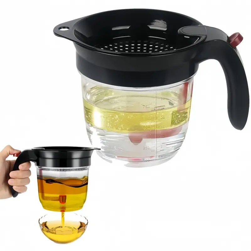 Fat Separator with Bottom Release, Plastic, 4 Cup Strainer with Handle, Grease Strainer Dishwasher Safe, Oil Separator for Kitchen