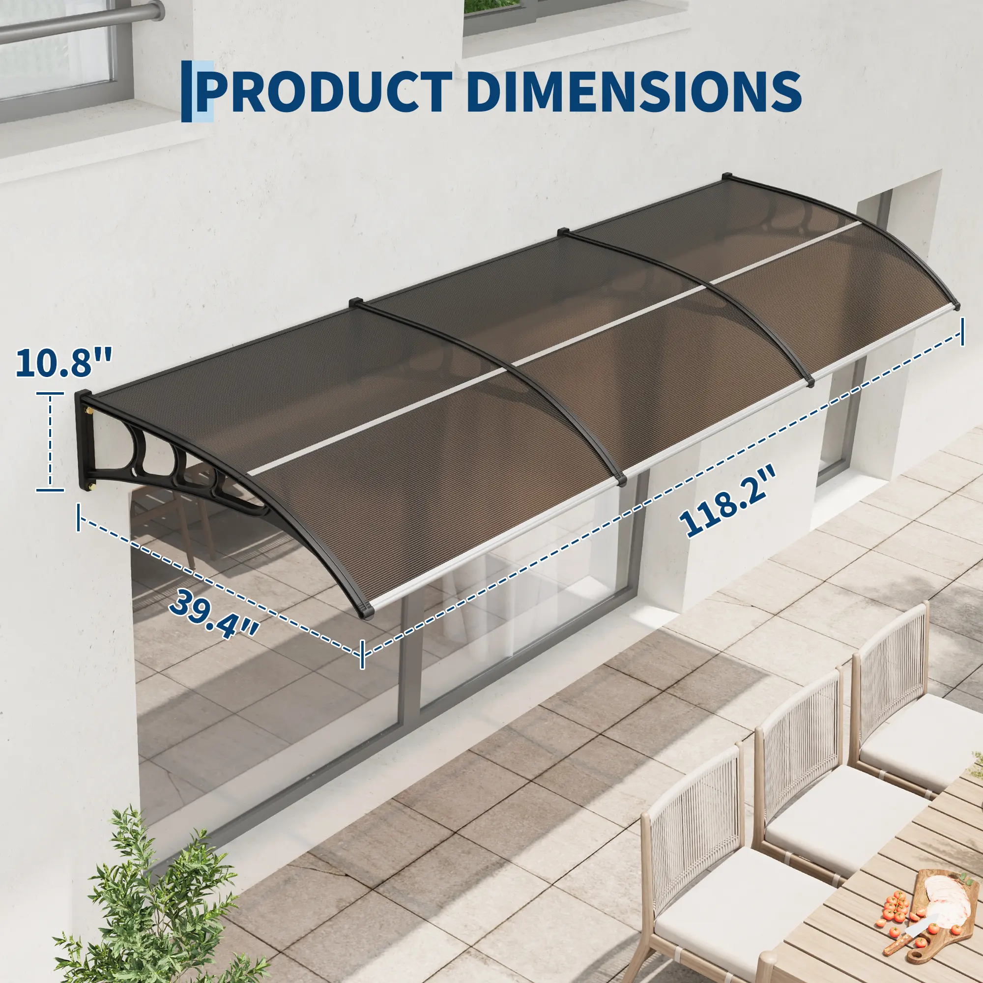 Garvee UV, Rain, Snow & Sun Protection Outdoor Door Awning Canopy - Polycarbonate Front Door Shade - Durable Plastic Steel Bracket - Clear/Brown Board, 40''x120'' - Ideal for Entrance & Window