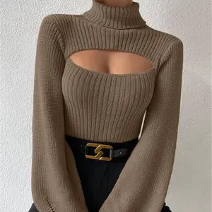 Sexy Spicy Slim Fit Versatile High Neck Hollow Knitted Long Sleeve Women'S Sweater