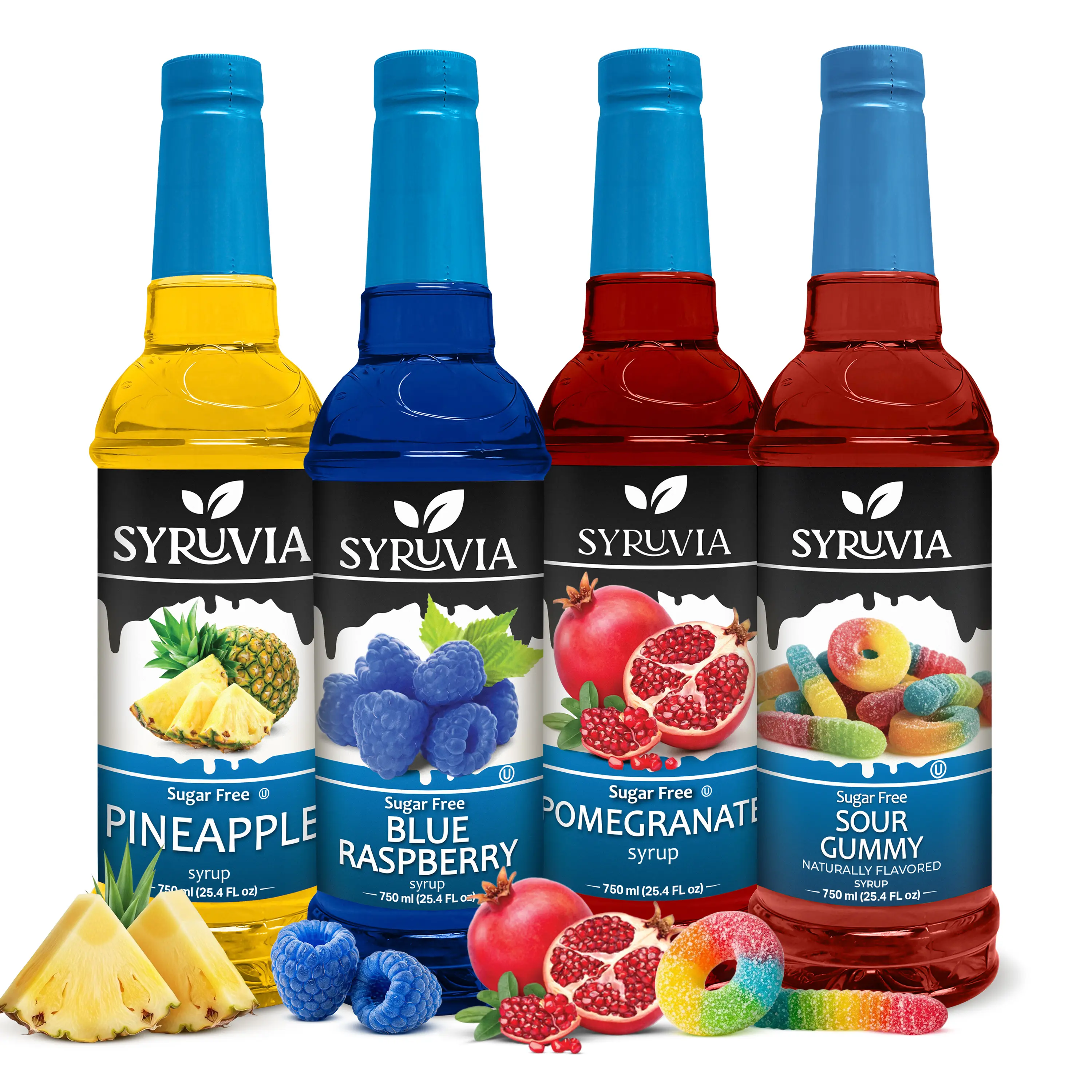 Syruvia Sugar Free Syrup Variety Pack - Pineapple, Blue Raspberry, Pomegranate & Sour Gummy - Gluten-Free, Kosher, 25.4 fl oz Bottles - Perfect for Cocktails, Mocktails & Homemade Drinks (4-Pack)