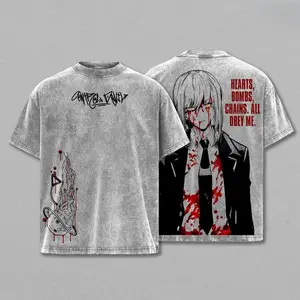 Makima Chainsaw Man Japanese Anime Oversized Graphic Tee Vintage Y2K Double Printed Acid Washed Cotton T-Shirt Unisex Streetwear, Top Game Manga Movie Gift Lover Merch