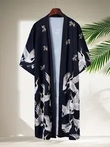 New crane print couple outfits, Chinese-style long kimonos, cardigans, men's thin coats, pajamas, bathrobes, youth fashion bathrobes, beach capes, long coats, Robe Jacket