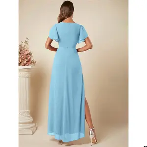 ) Adult (Gown Bridesmaid Elegant Slit High Hem Pleated Long Skirt Short Sleeve Trim Ruffle Neck V Solid Color Women's Belle SHEIN