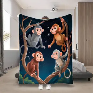 1pc of Super Soft Flannel Blanket, Three Monkeys on The Branch Design-warm, Suitable for All Seasons, Suitable for Camping, Sofa, Bed and Office-stylish Decoration and Ideal Gift, Machine Wash, White, Camping Blanket, Sofa Parabola, Joke Design, Soft