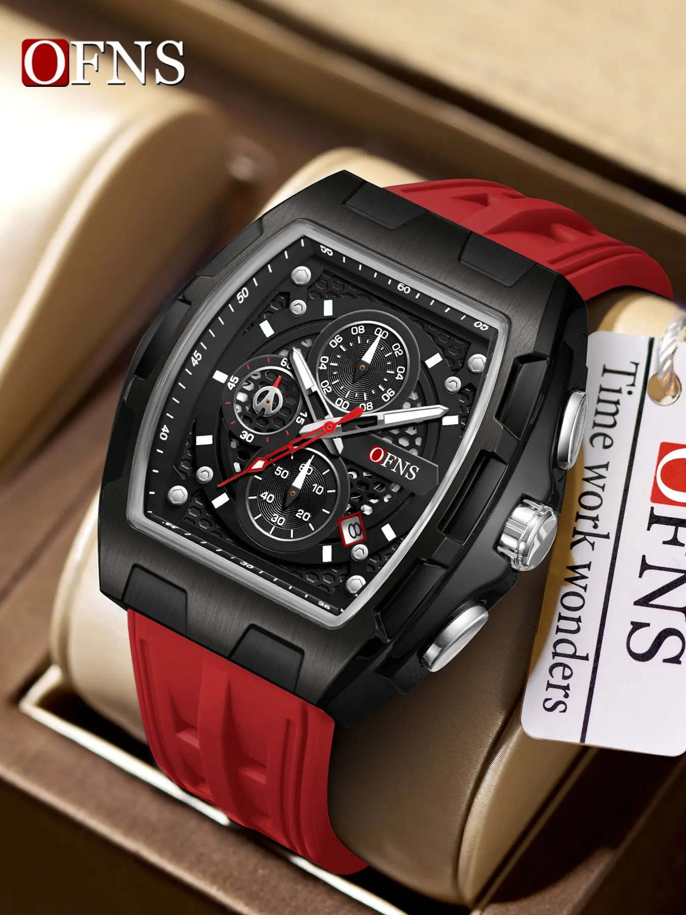 Ofns New Wine Barrel Shaped Dial Quartz Watch, Large Dial, Waterproof, Night Vision, Business Calendar, Men's Wristwatch, Quartz Analog Watch, Business Fashion Watches