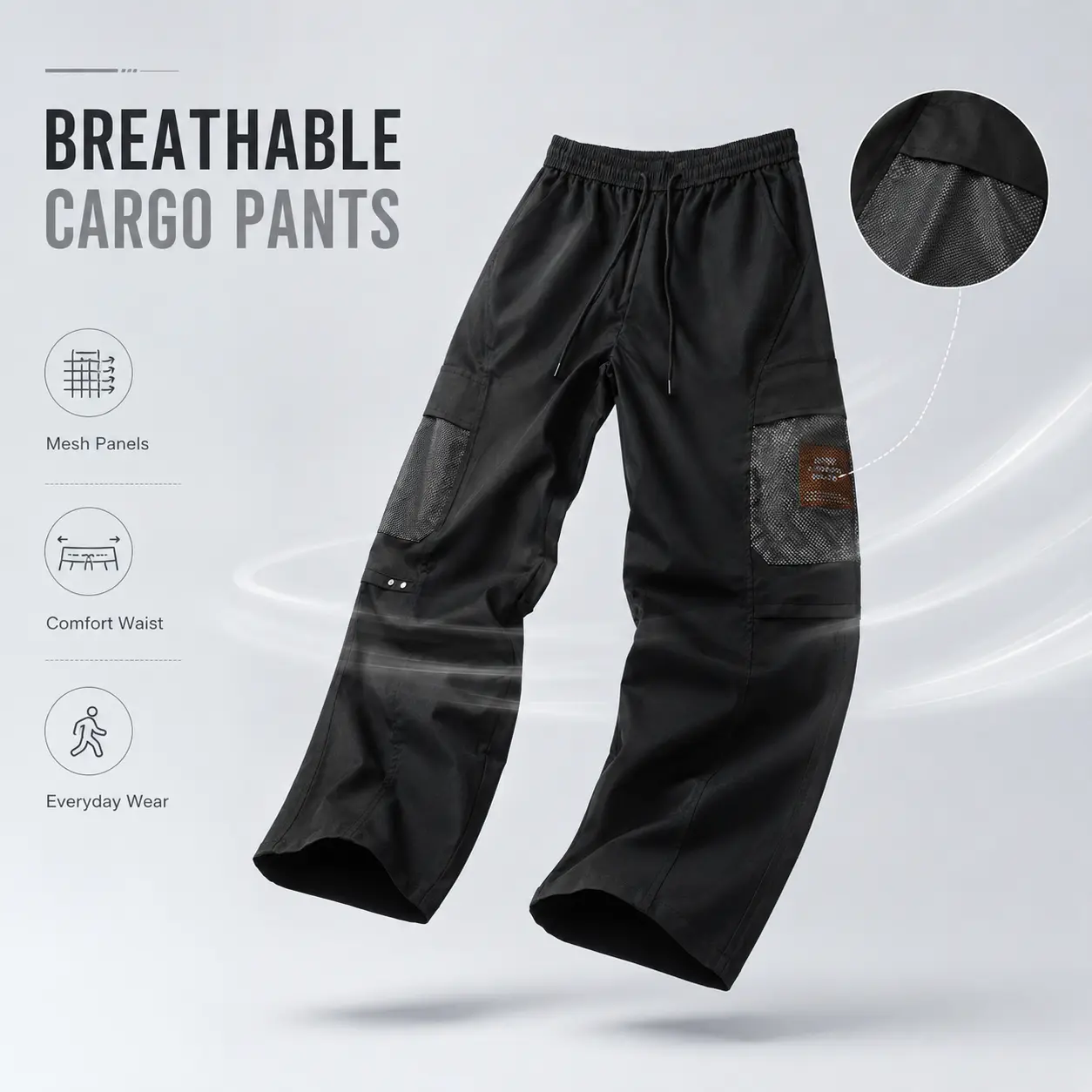 Men's Streetwear Utility Cargo Pants - Stretch Polyester Fabric, Loose-Fitting Solid Trousers with Breathable Mesh Panels, Multiple Pockets, Drawstring, Cold Wash Techwear Woven Cool & Casual Cargo Men's Pants for Casual Office, Outdoor Use