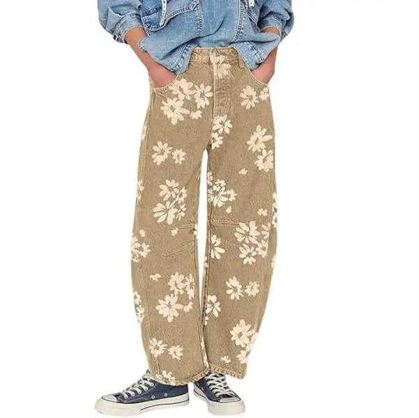 Loveimgs Women's Floral Mid-Rise Barrel-Leg Jeans Casual Y2K Style Loose Wide-Leg Denim Pants