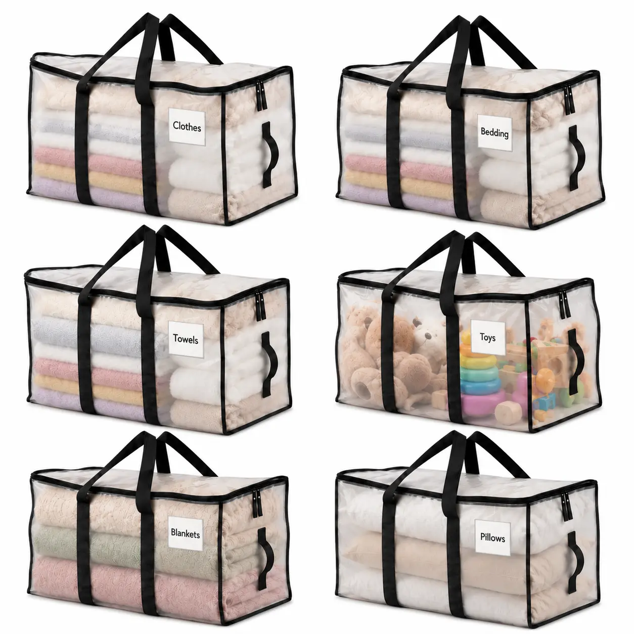 VIREFIRA 3 / 6-Pack Extra Large Clear Storage Bags with Lids, Heavy-Duty Home Organizer Bags with Reinforced Handles, Foldable Transparent Bag for Closet Organization, Seasonal Decor, Home Supplies (Organization Storage Solution)