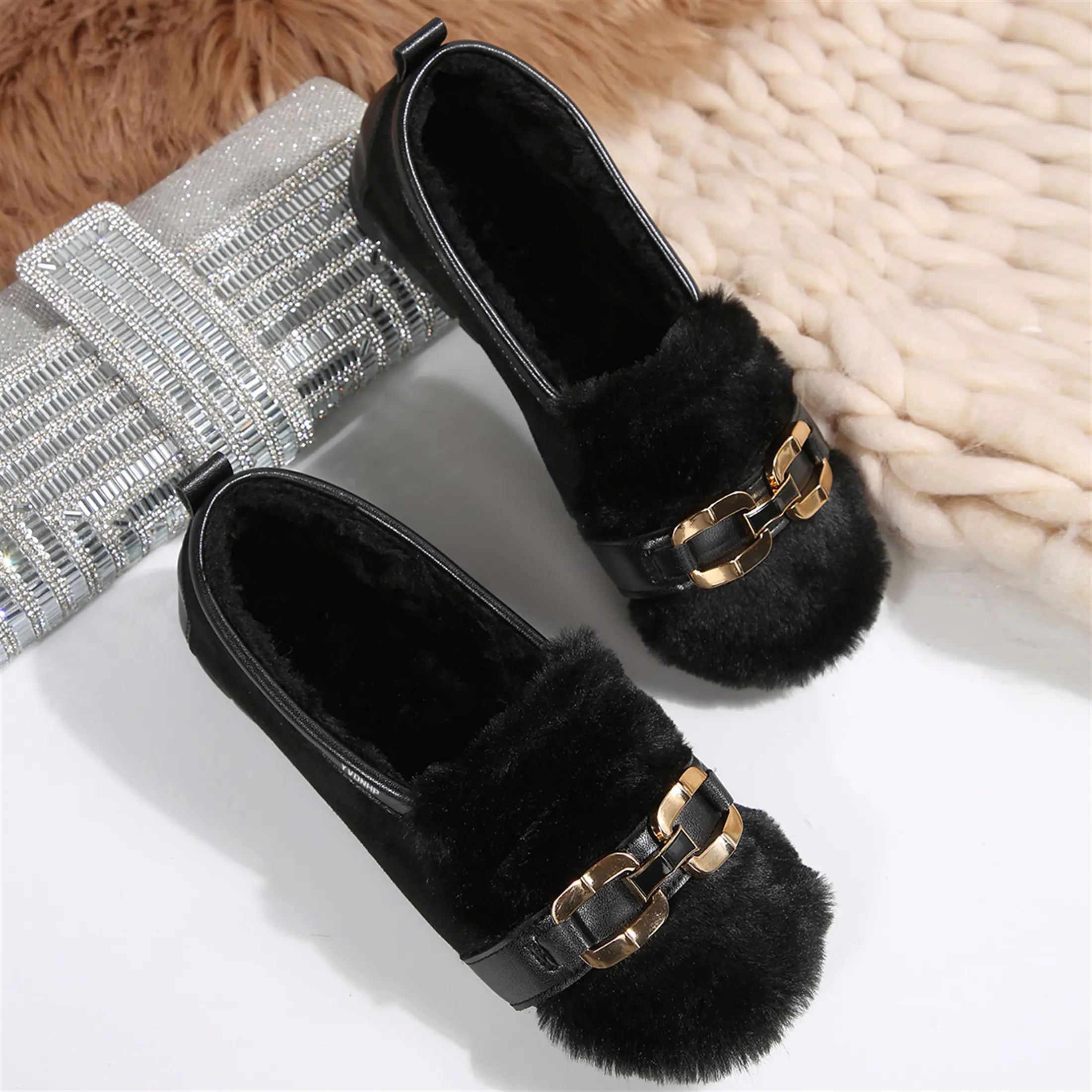Trendy Cozy Loafers for Women Plush Lined Warm Slip-On Shoes Elegant Metal Buckle Detail Indoor Outdoor Shoes
