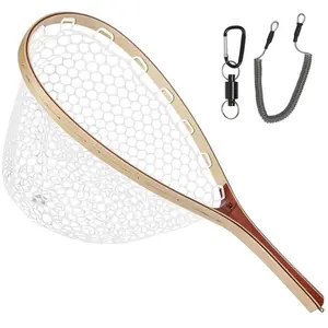 Kylebooker Fly Fishing Landing Net Wooden Frame Trout Fishing Net Soft Rubber Mesh for Catch and Release FN007