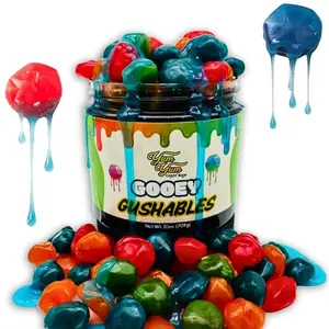 Gooey Gushables – Sour Blue Raspberry Gushers in Liquid Candy Sauce | TikTok Viral Candy | Juicy Gooey Gummies | Sweet & Sour Fruit Snacks | 13oz Resealable Jar by Yum Yum (13 oz)