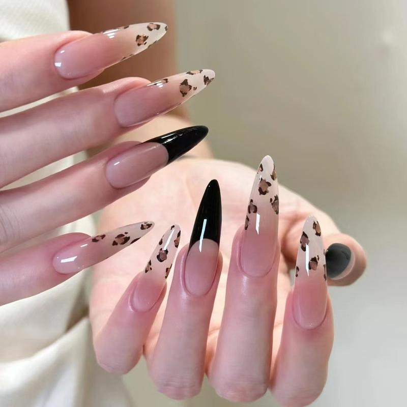 Press On Nails Set | 24-30pcs Fake Nail Tips | French, Leopard, Heart, Black Stiletto, Cartoon, Nude, Glitter for DIY Manicure