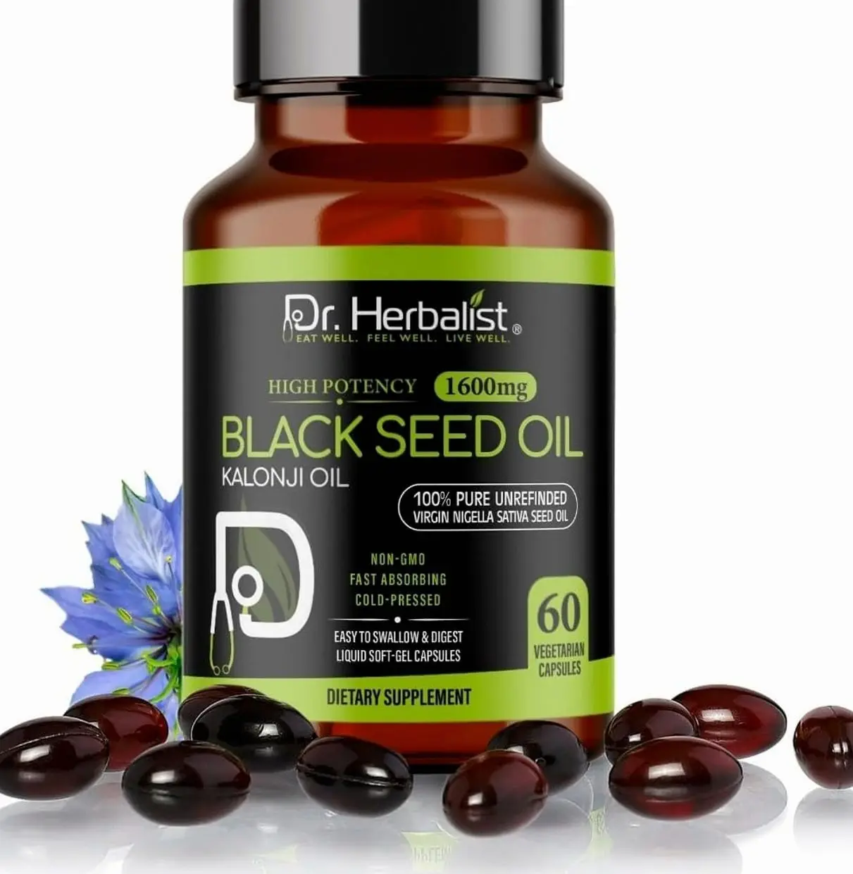 Dr. HERBALIST Black Seed Oil 1600mg – 60 Softgels | Cold-Pressed Organic Nigella Sativa | Pure Black Cumin Seed Oil with Natural Thymoquinone (TQ)