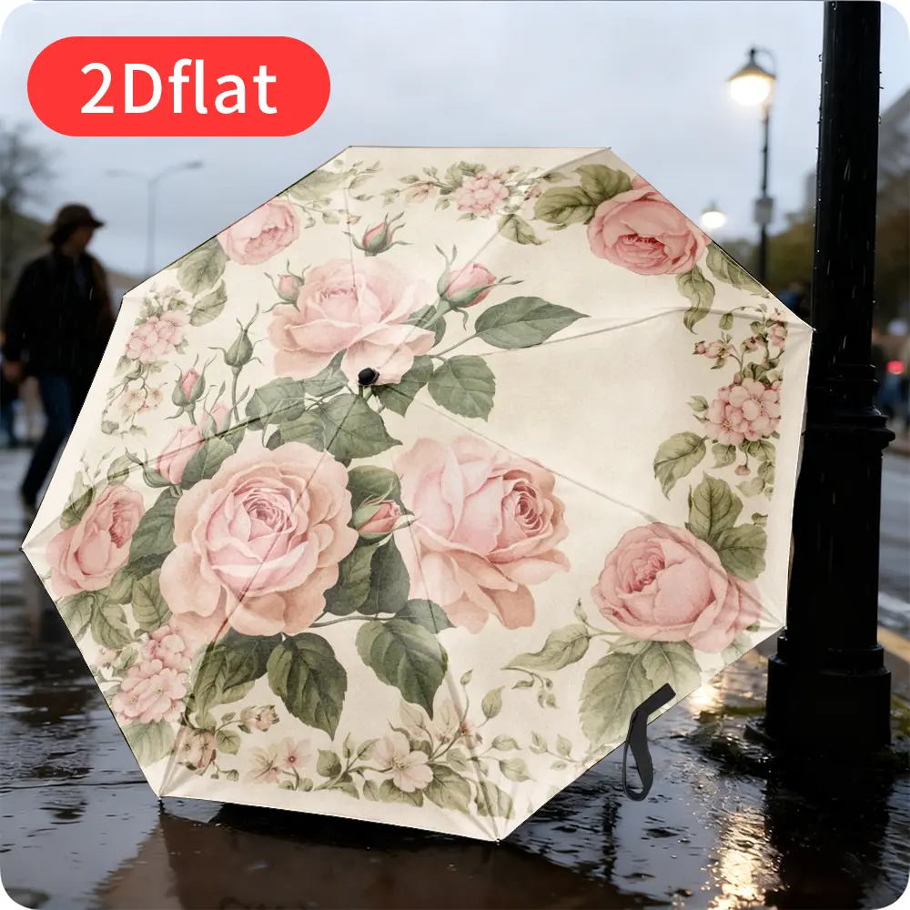 A vintage-style pink floral automatic umbrella featuring an 8-rib frame, perfect for outdoor activities and everyday use—an excellent gift for friends and family.